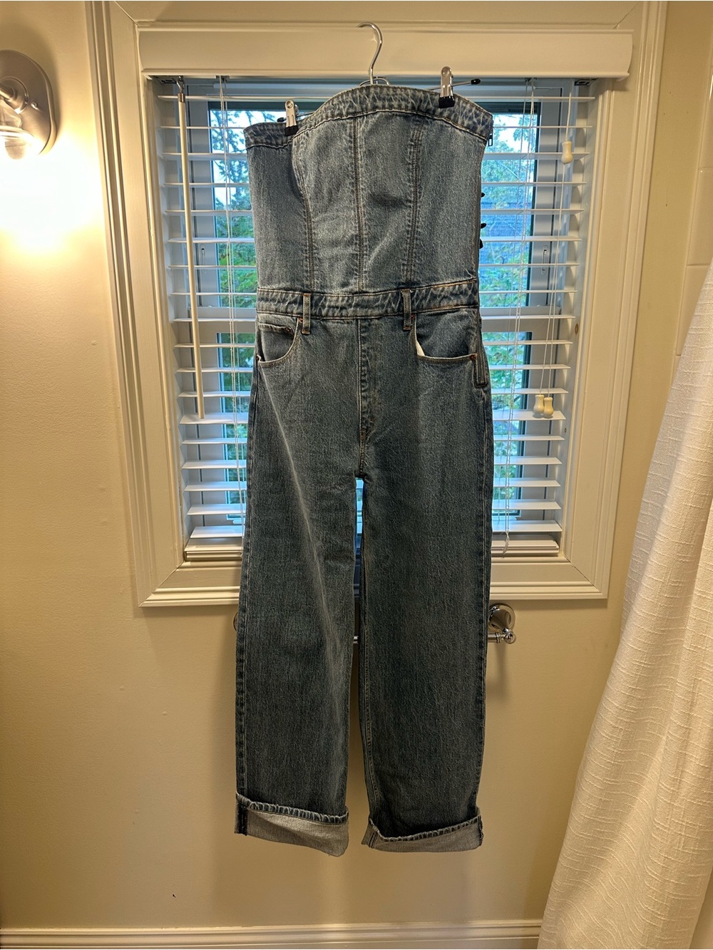 Abercrombie & Fitch Strapless Denim Overalls in Light Blue